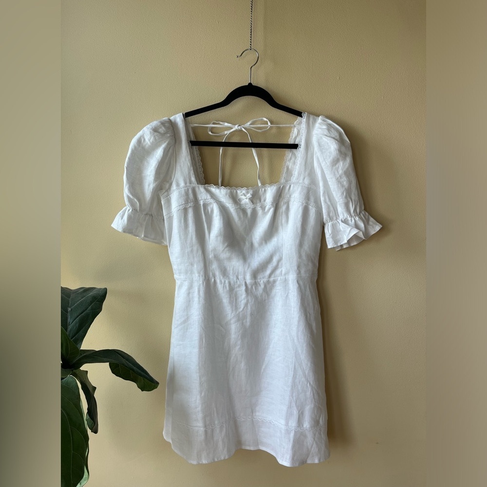 Reformation Crisp White Linen Puff Sleeve Western Cowgirl Mini Dress